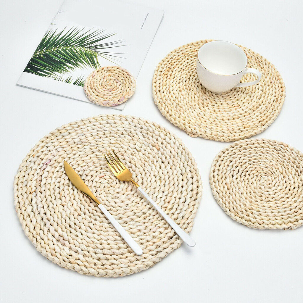 Woven Placemats Kit Corn Hulls Round Braided Rattan Tablemats Eco-Friendly
