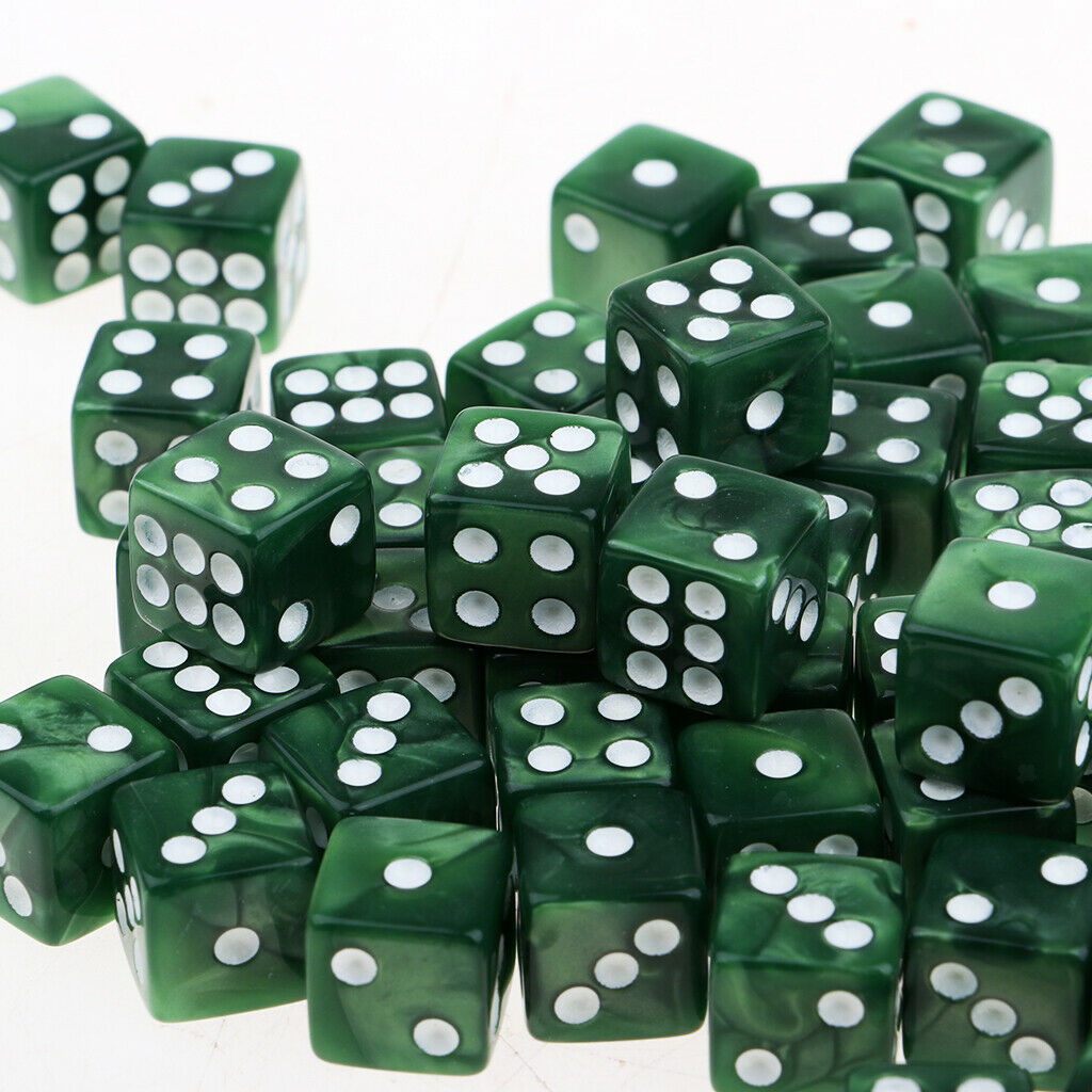 Pack of 50 Acrylic Six Sided Square D6 12mm Dice - Green with White Pips