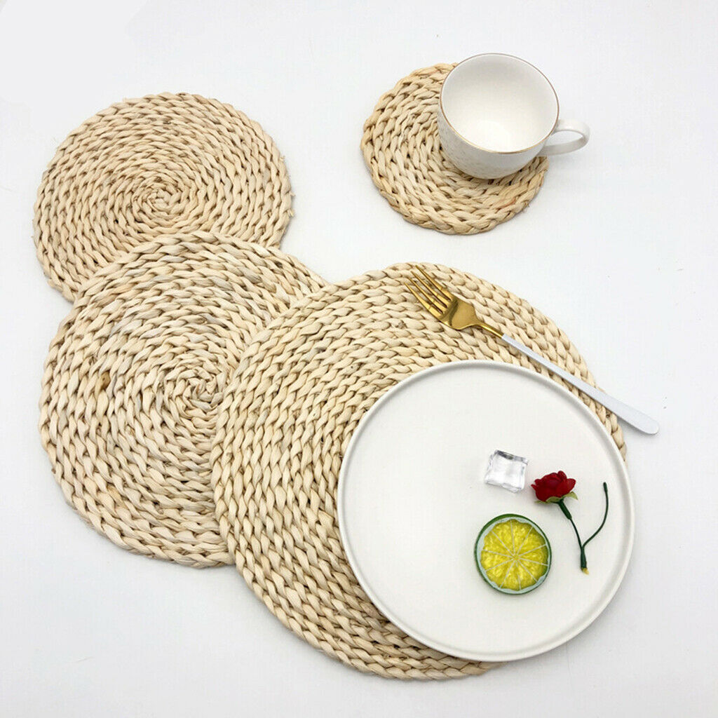 Woven Placemats Kit Corn Hulls Round Braided Rattan Tablemats Eco-Friendly