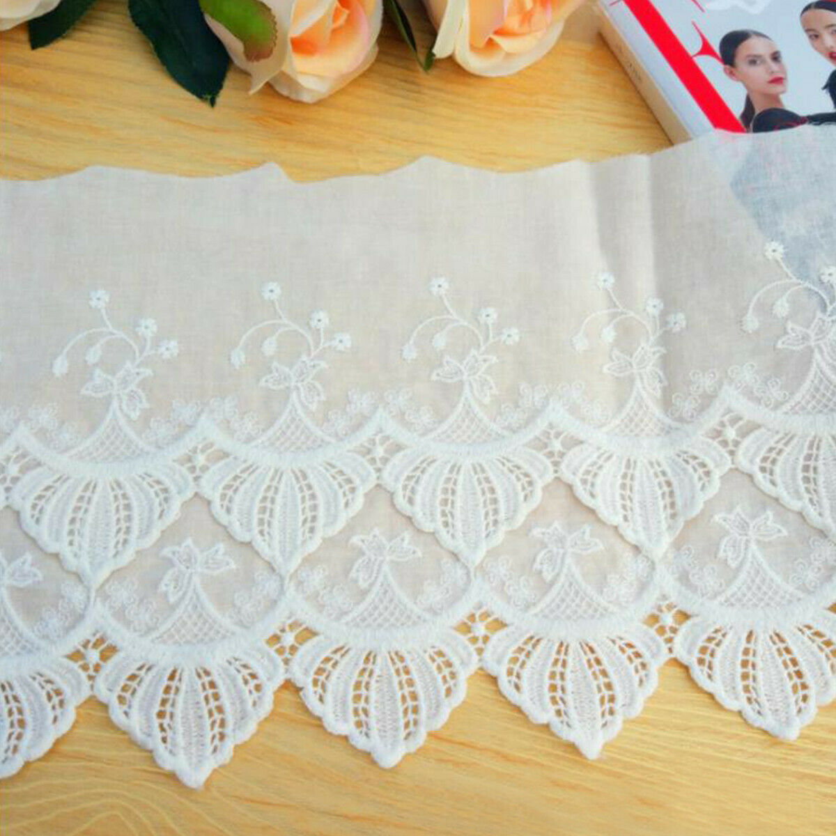 3 Yards 18cm Wide Cotton Floral Embroidery Lace Trim Sewing Dress Curtain Fabric