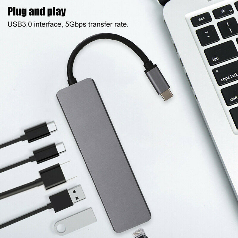 Type C Hub Adapter 6 in 1 USB C to Ethernet RJ45/ 4K HDMI/ 2 USB 3.0 Po LpC SJ