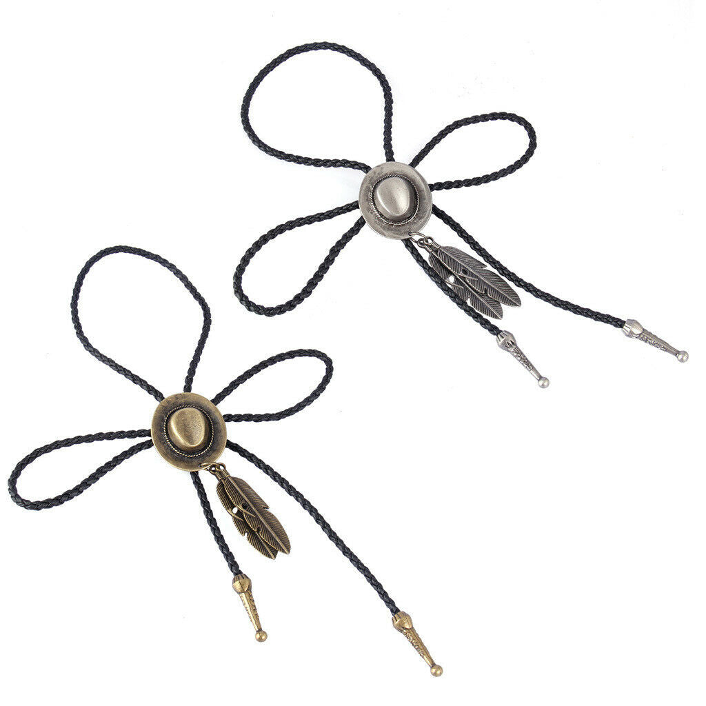 2Pcs Hat Design Bolo Tie Necklace Feather Pendant Jewelry Handmade PU Leather