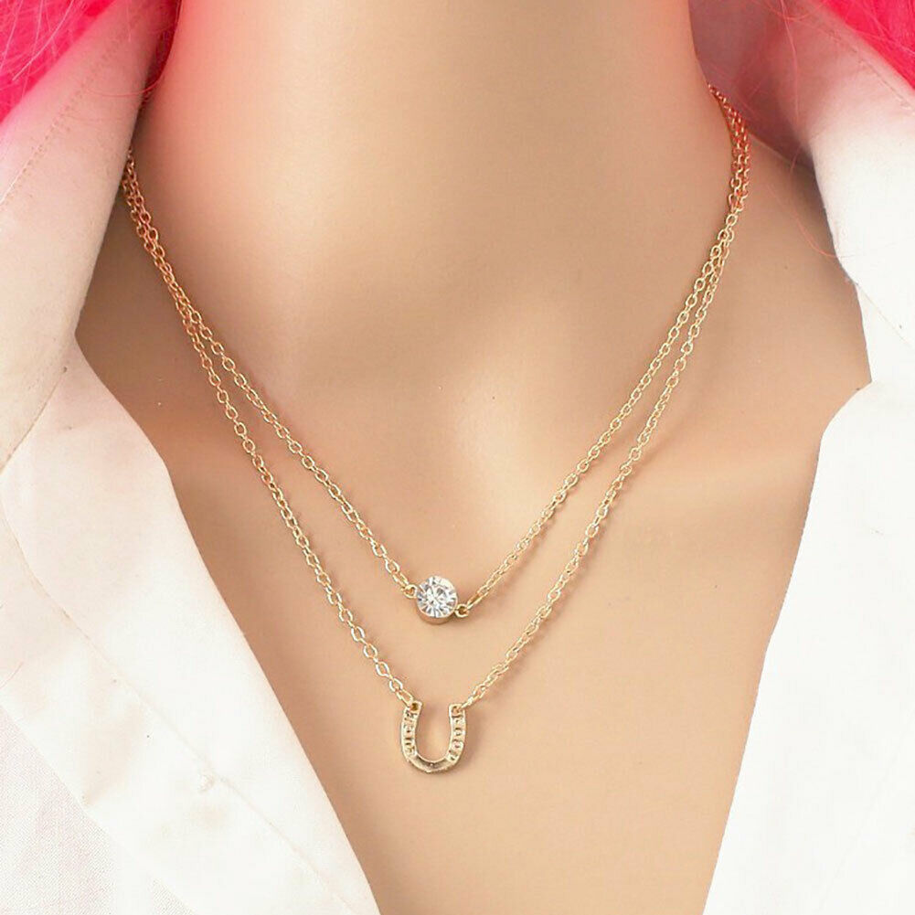 Women Multilayer Rhinestone U Shape Charm Golden Tone Chain Pendant Necklace New
