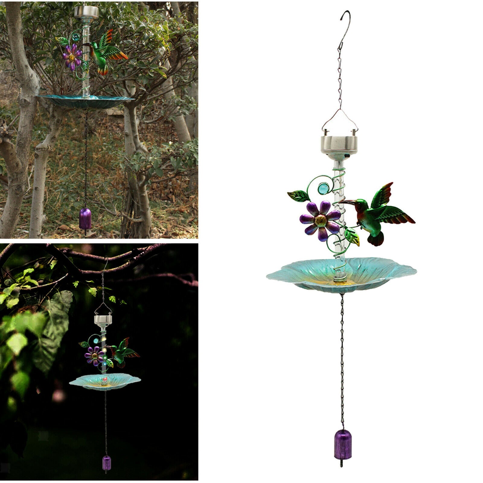 Solar Bird Feeder Outside w/ Bird and Flower Patio Ornament Waterproof