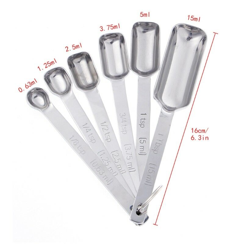 6pcs Narrow Stainless Steel Spice Measuring Square Spoons Kitchen Cooker Tool