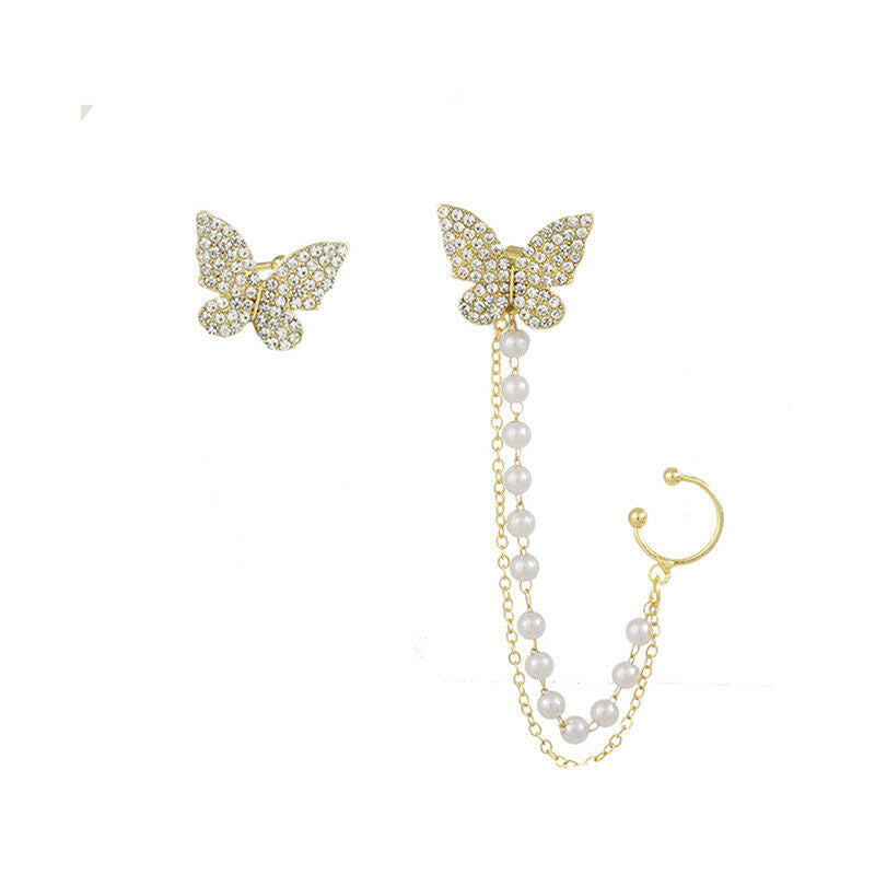 Elegant Cute Rhinestone Butterfly Stud Earrings Metal Chain Boucle Jewel.l8