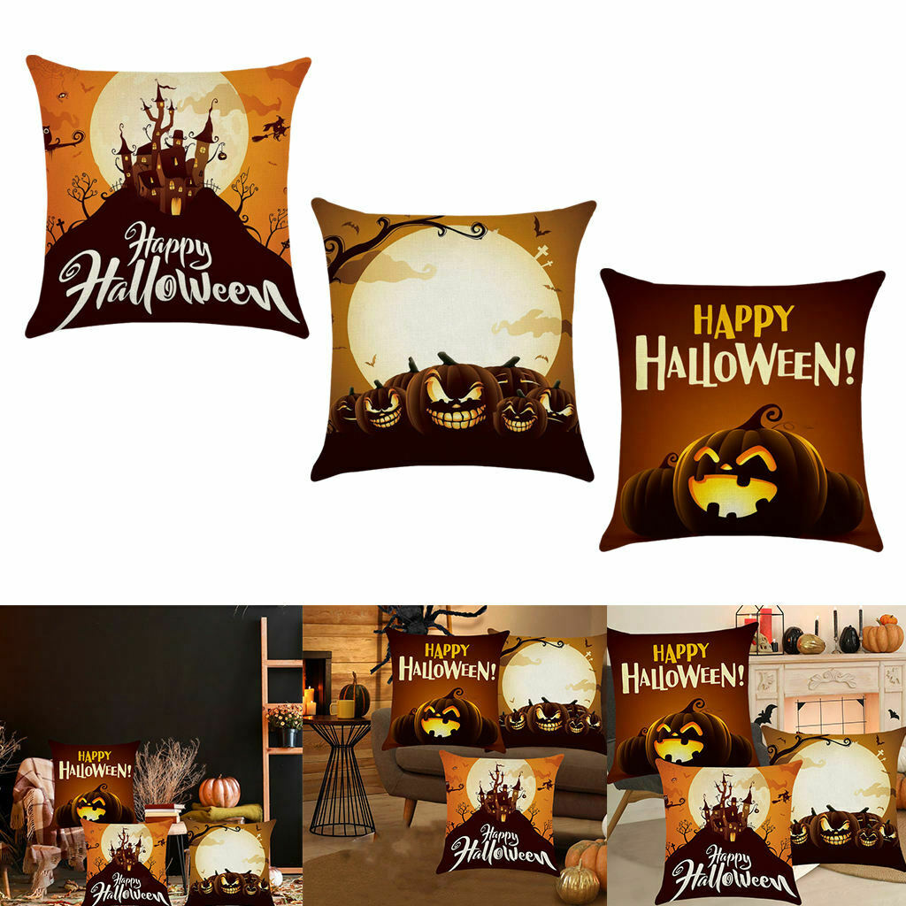 3pcs Soft Linen Pillowcase Halloween Lantern Bedroom Living Room Decor Brown