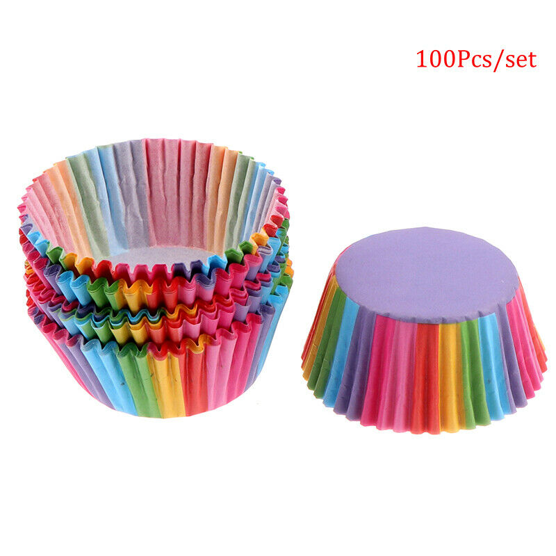 100 Pcs Rainbow Color Cupcake Liner Baking Cupcake Paper Cake Bag Tray PaDD