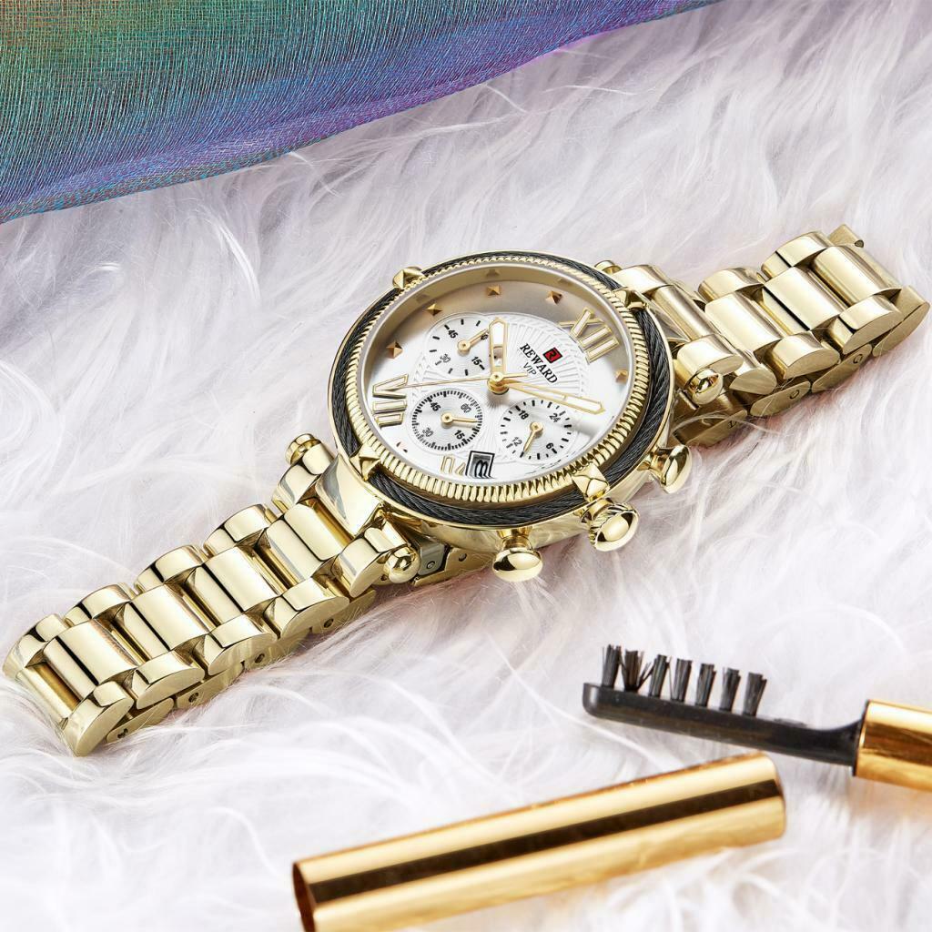 Women Chronograph Quartz Movement Watch Wristwatch Jewelry Golden