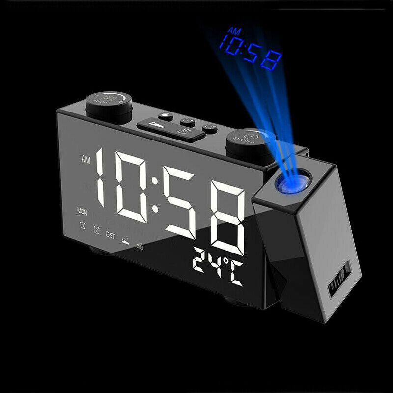 Alarm Clock 180Â° Rotating LED Projection Time Display Temperature Loud FM Radio