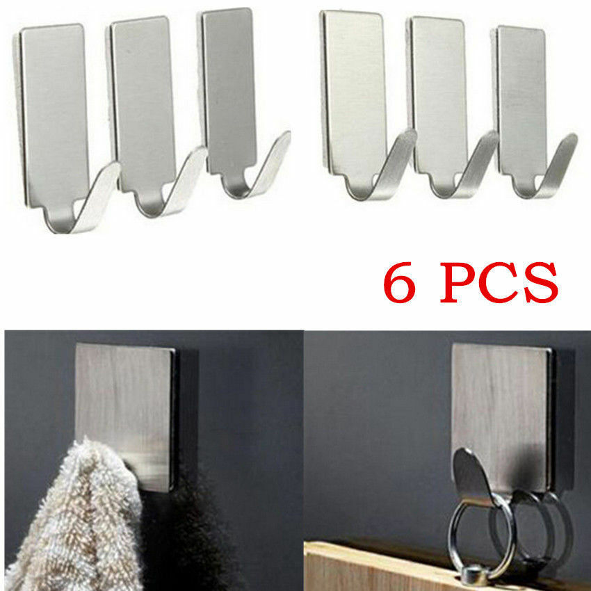 6 pcs Wall Door Stainless Steel Stick Holder Adhesive Kitchen Hook Hanger CHI