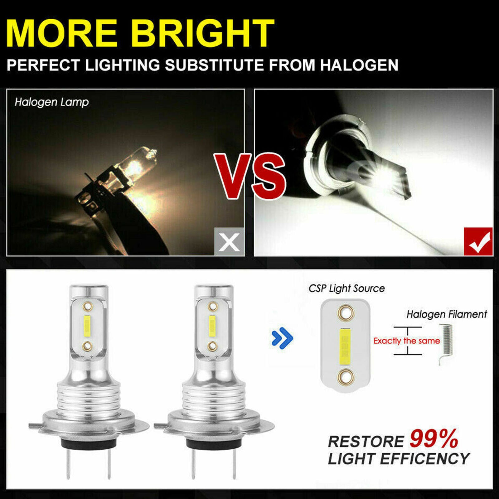 2x H7 LED Headlight Bulb Kit High Low Beam 100W 30000LM Super Bright 6500K White