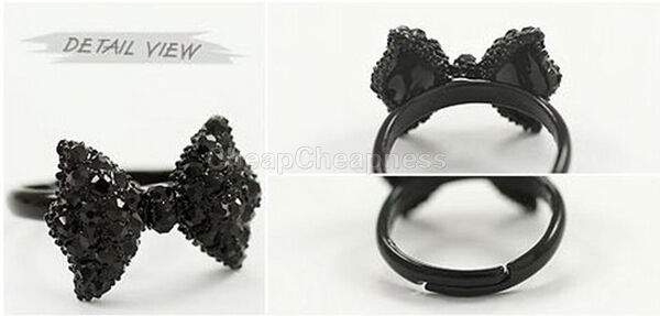 2X Black Rhinestone Crystal Bowknot Tie Ring Adjustable Bow Women Jewelry.l8
