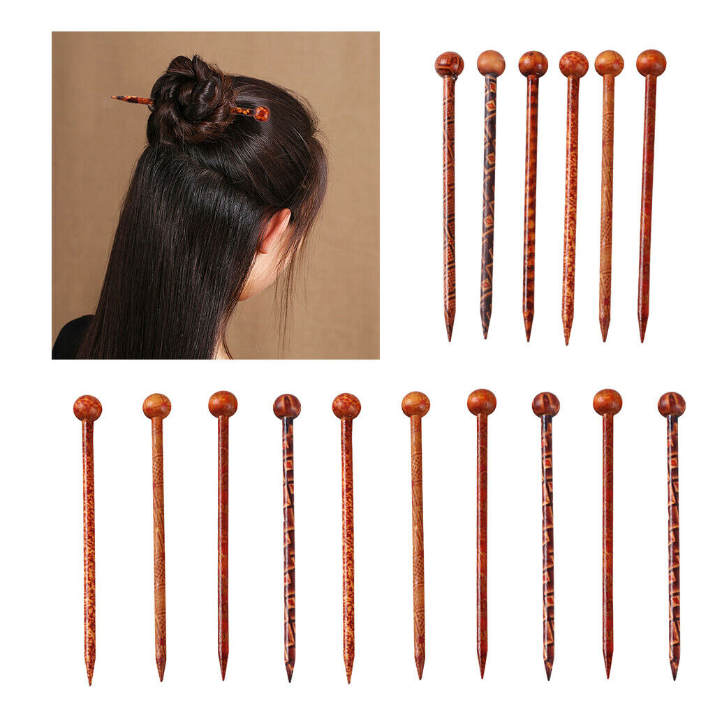 16 Pieces 5.11 inch Retro Hair Sticks Printed Wood Hairpin Chopsticks Wooden