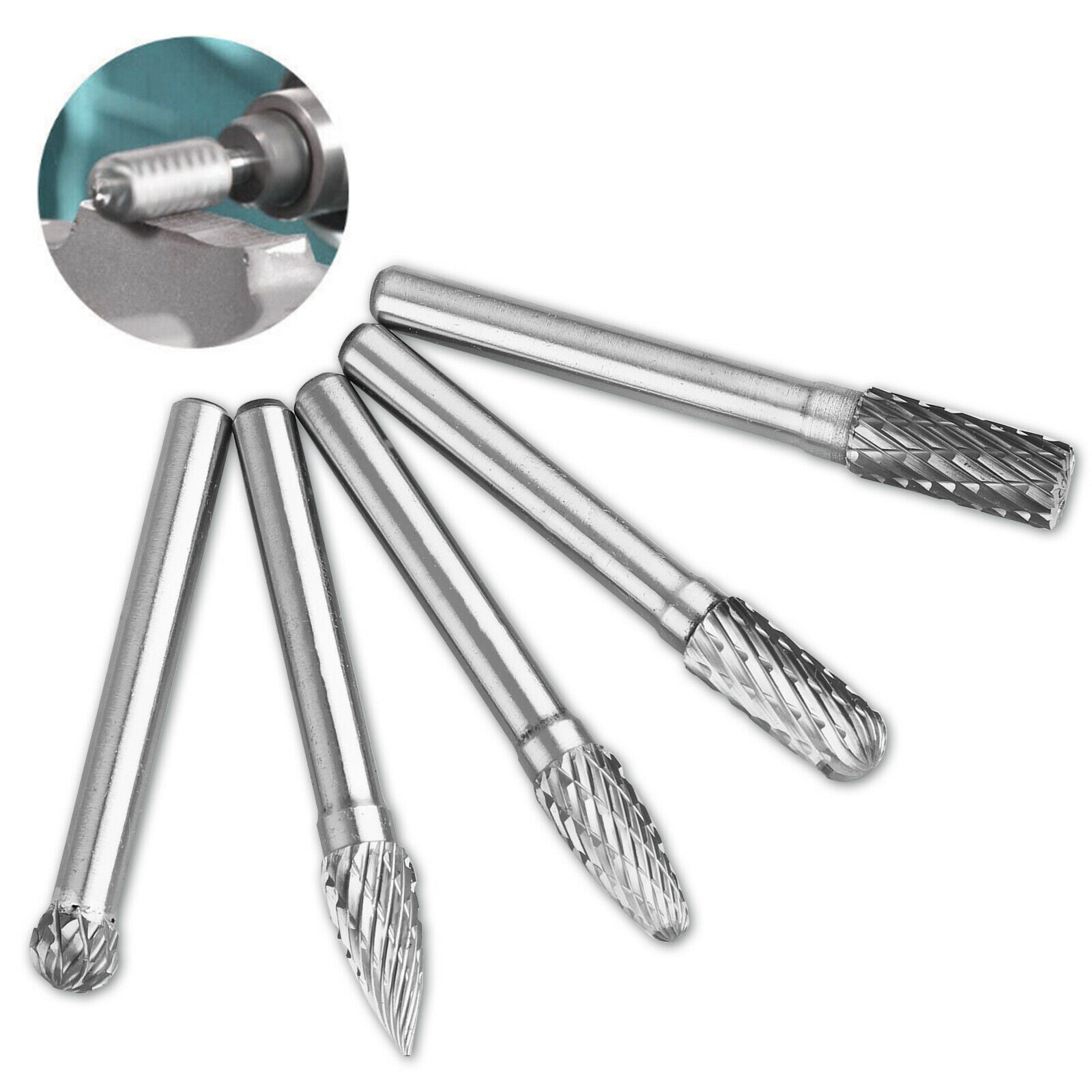 5X Electric Rotary Cutter Head Set Grinder Bit Tool Tungsten Carbide Burrs Shank