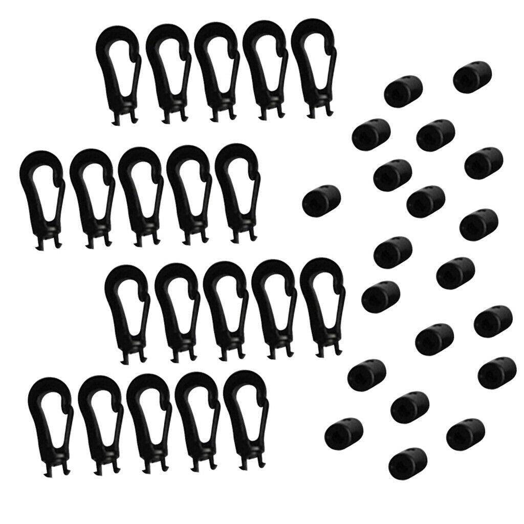 2X 20Pcs Shock Elastic Cord Tie Ends Karabiner Hooks Fits 5mm Rope, Suitable for