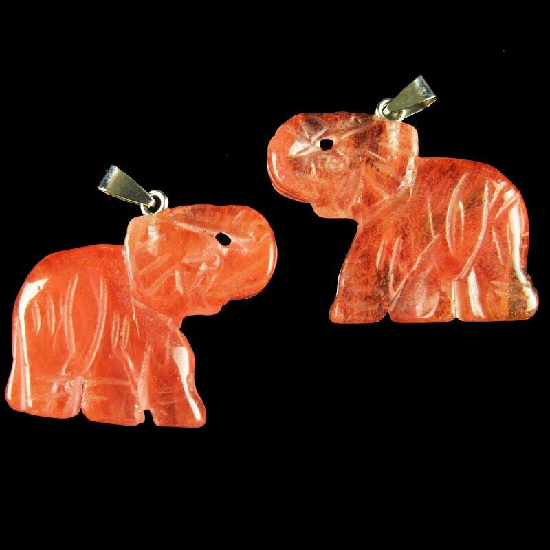 2Pcs 28g 40x36x8mm Carved Volcano Cherry Quartz Elephant Pendant Bead A-463DP