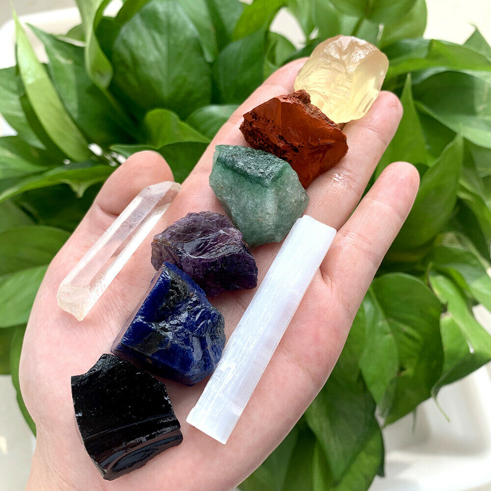 Large Chakra Stones Set: 7 Rough Crystals & Raw Selenite Wand (CHARGED ROCKS)