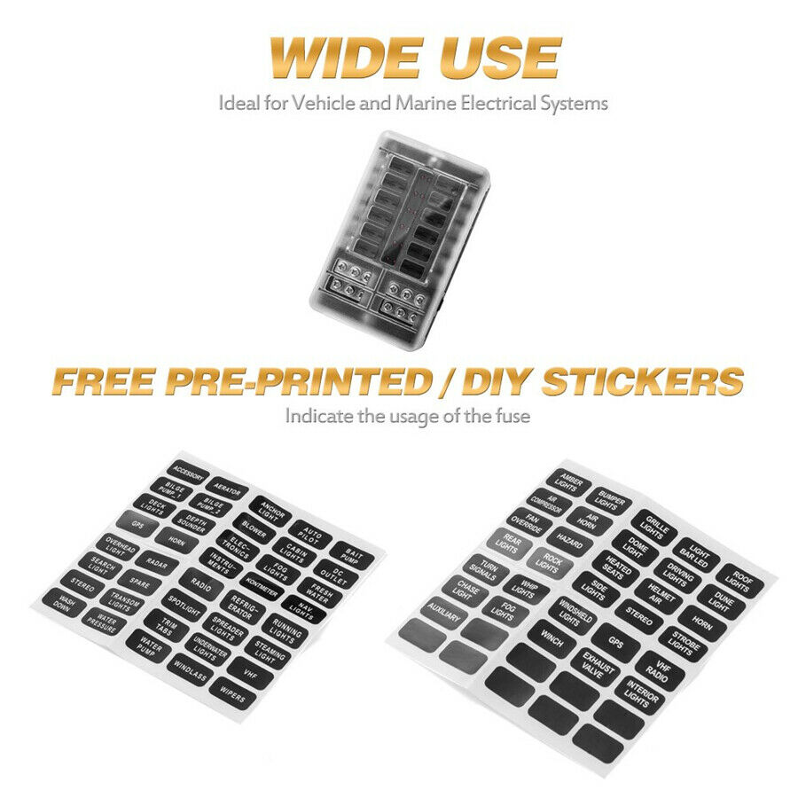 12-way Fuse Holder Box Car Truck Marine Boat Blade Block Fuse Box LED Indicator