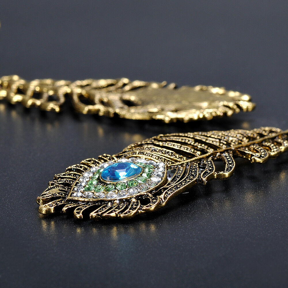 Retro Women Rhinestone Peacock Eye Feather Dangle Hook Earrings Jewelry Gift New