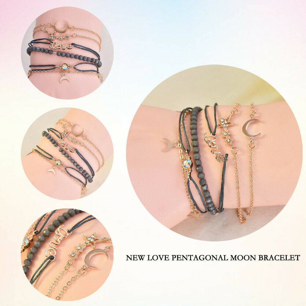 6PC Fashion Women Crystal Moon Star Adjustable Open Bangle Bracelet Jewelry ~