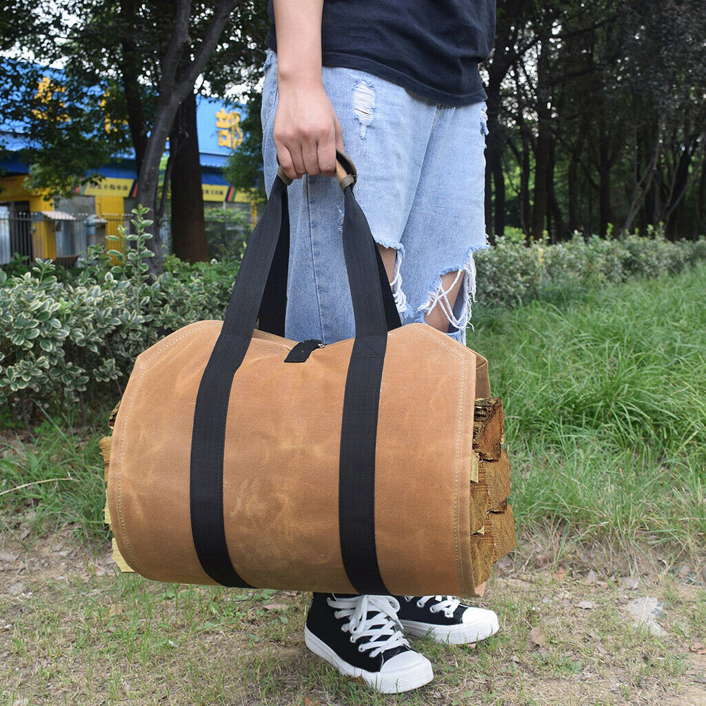 Durable Waxed Canvas Firewood Log Carrier Heavy Duty Tote, Fire Place Wood
