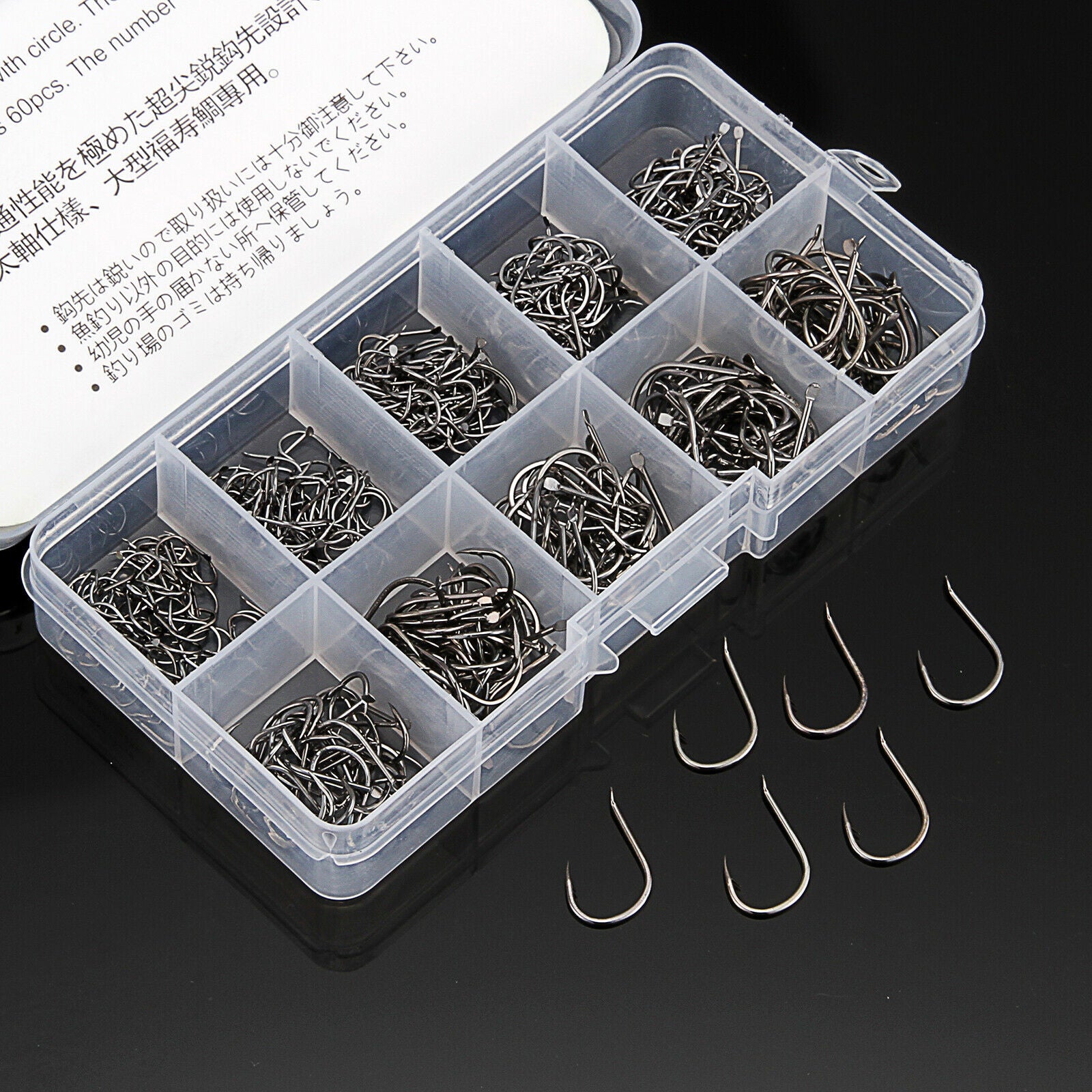 500PCS Fishhook Fishing Hook Assorted Sizes with Barb in Box Sharp Hook #3~#12