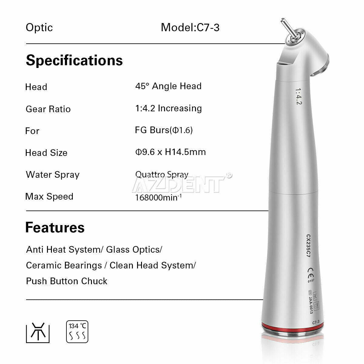 Dental Electric 45°Fiber Optic 1:4.2 Contra Angle + LED Brushless Micro Motor