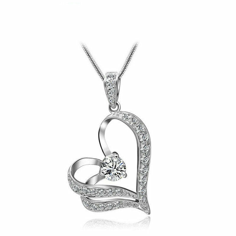 Women Rhinestone Love Heart Crystal Pendant Necklace Chain Jewelry Gift
