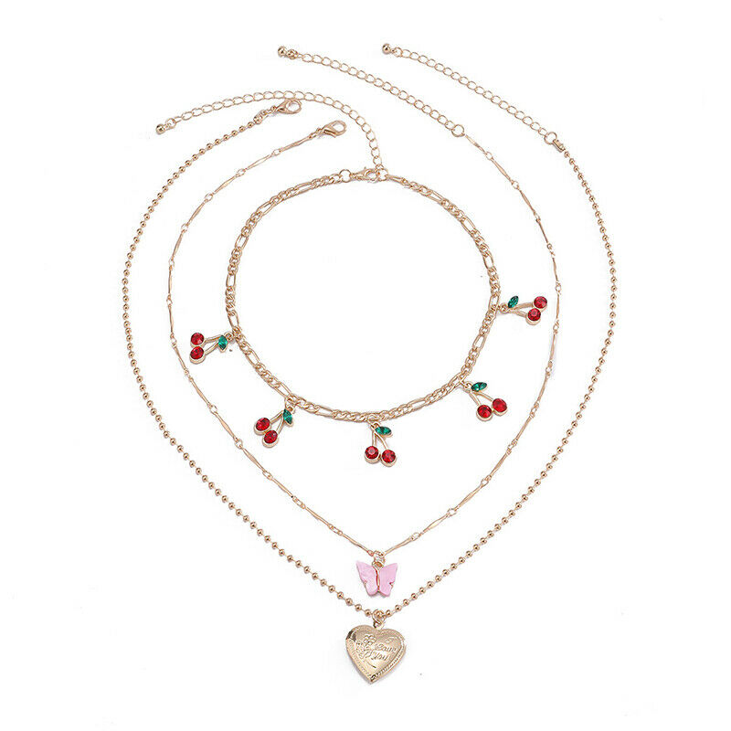 Acrylic Butterfly Heart Pendant Necklace Women Multilayer Cherry Choker J.l8