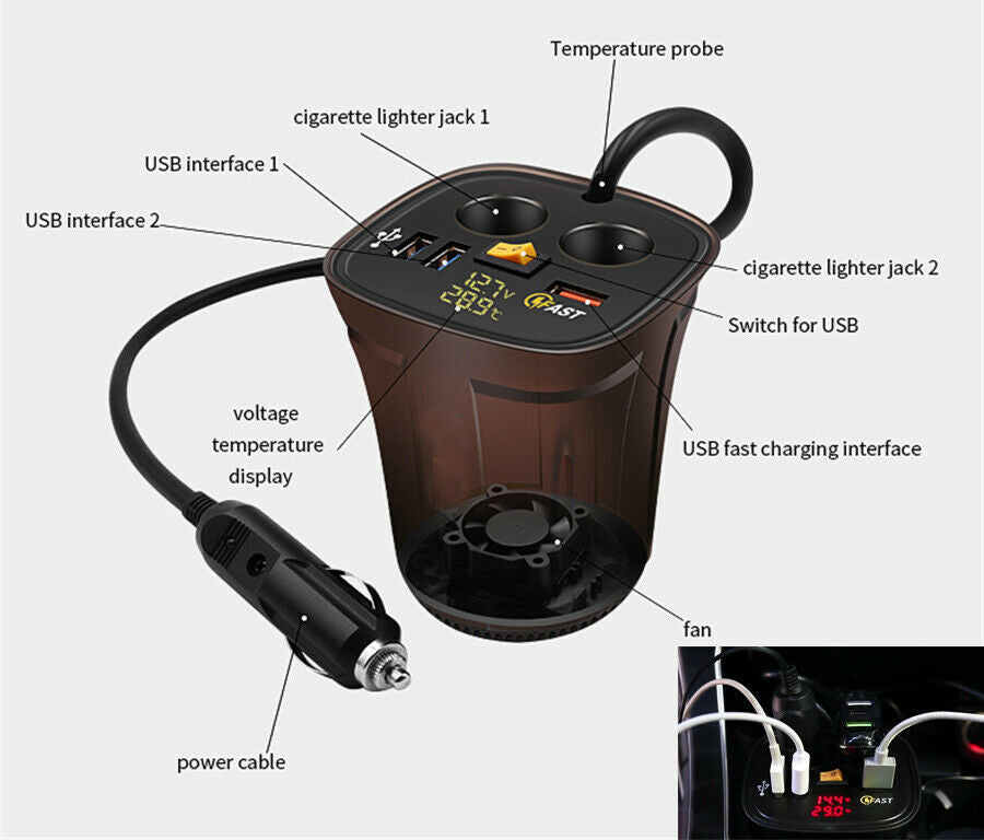 12V Car QC3.0 USB Socket Fast Charger Voltmeter Cigarette Lighter Thermometer