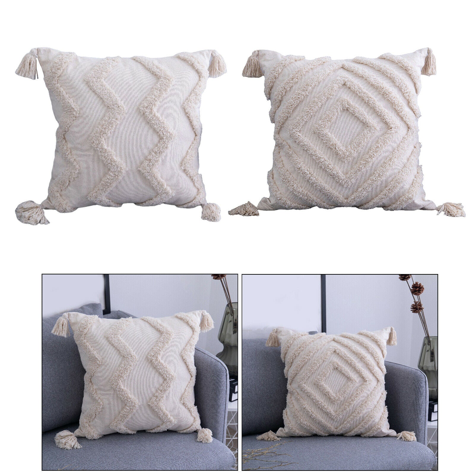 2Pcs Throw Pillow Covers Woven Tufted Pillowcases Accent for Farmhouse