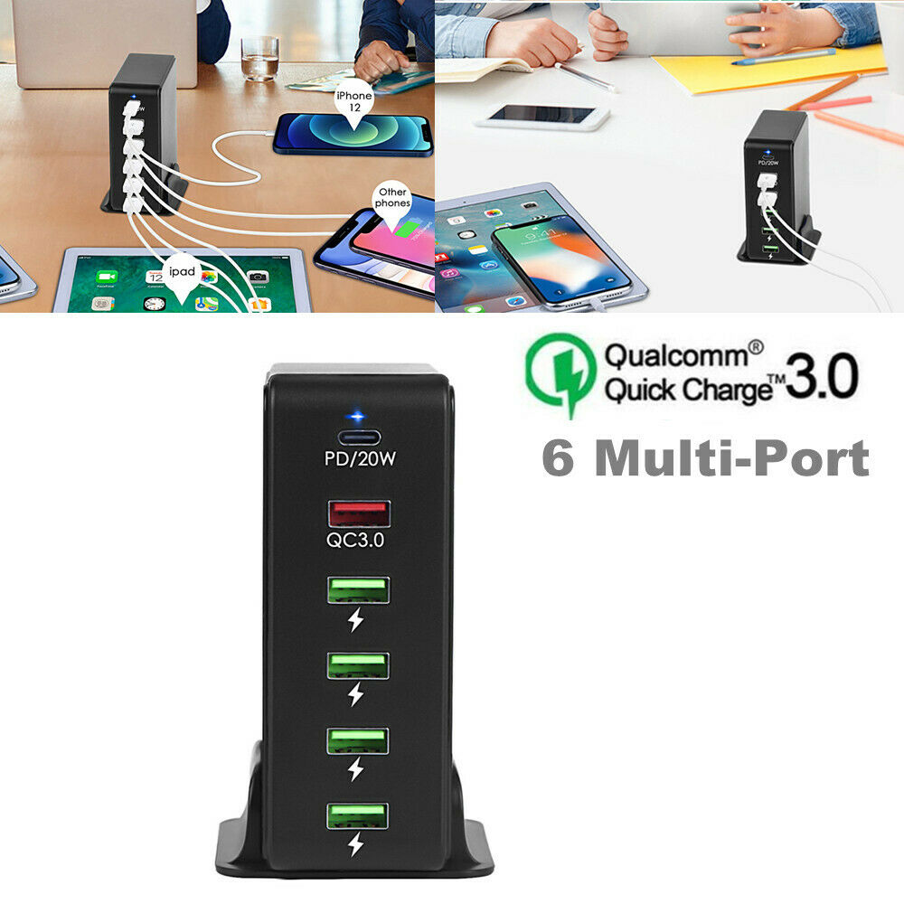 6 MultiPort Device USB Fast Charging Station QC3.0 Phone US Plug Charger Adapter