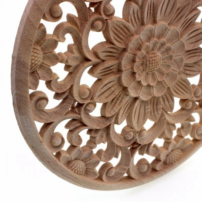 Carved Flower Carving Round Wood Appliques For Furniture Cabinet Unpainted WooF3