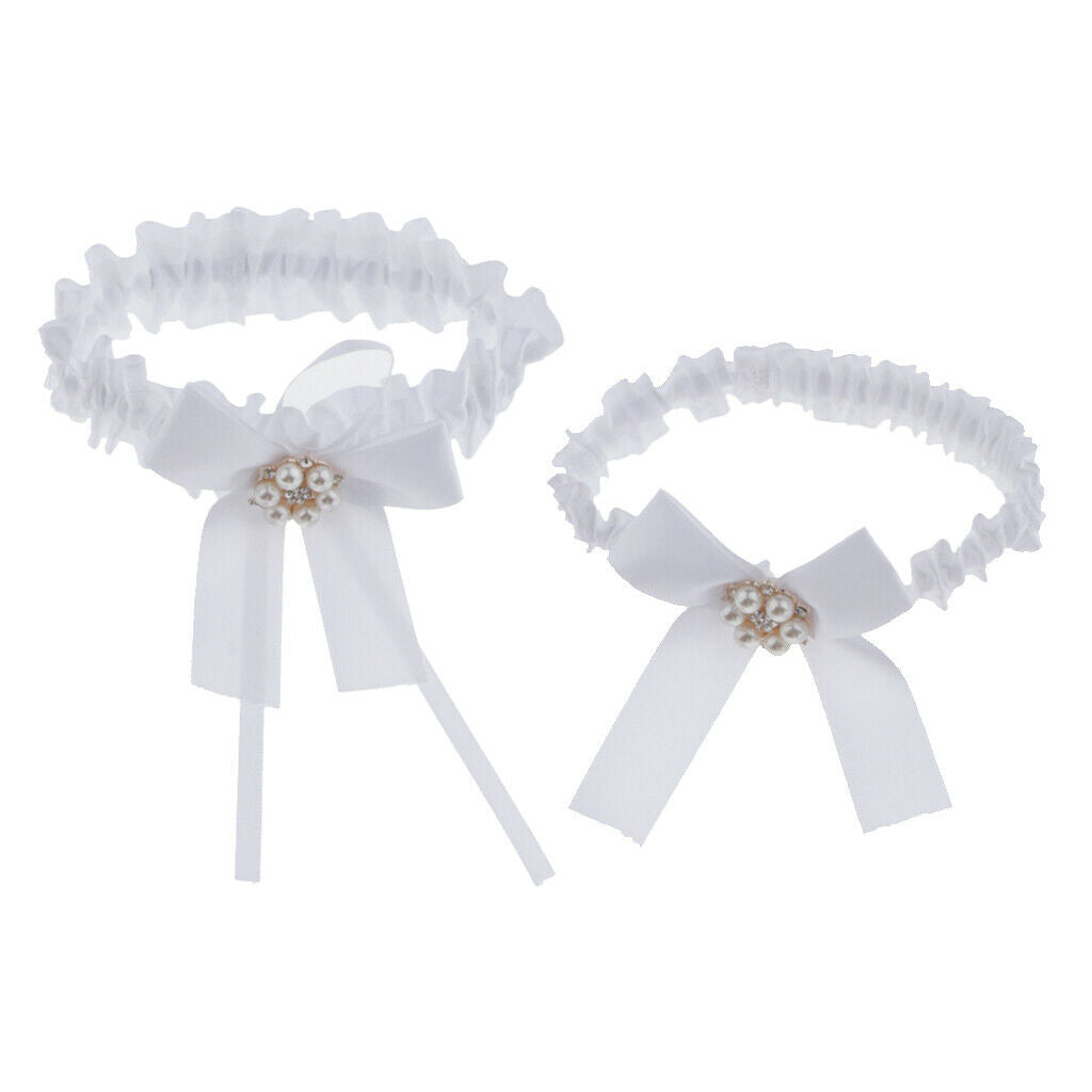 of 2 Women Crystal Leg Garter Belt Bowknot Thigh Strap Prom Costumes White