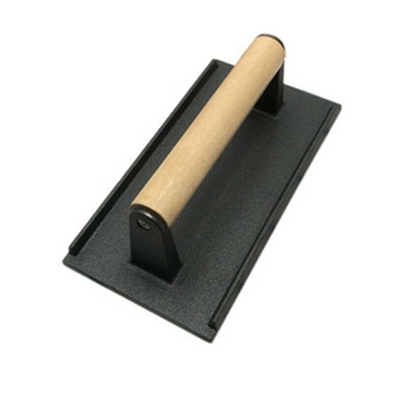 Rectangle BBQ Tool Cast Iron Wooden Handle Steak Plate Meat Press Grill FrieT8F8