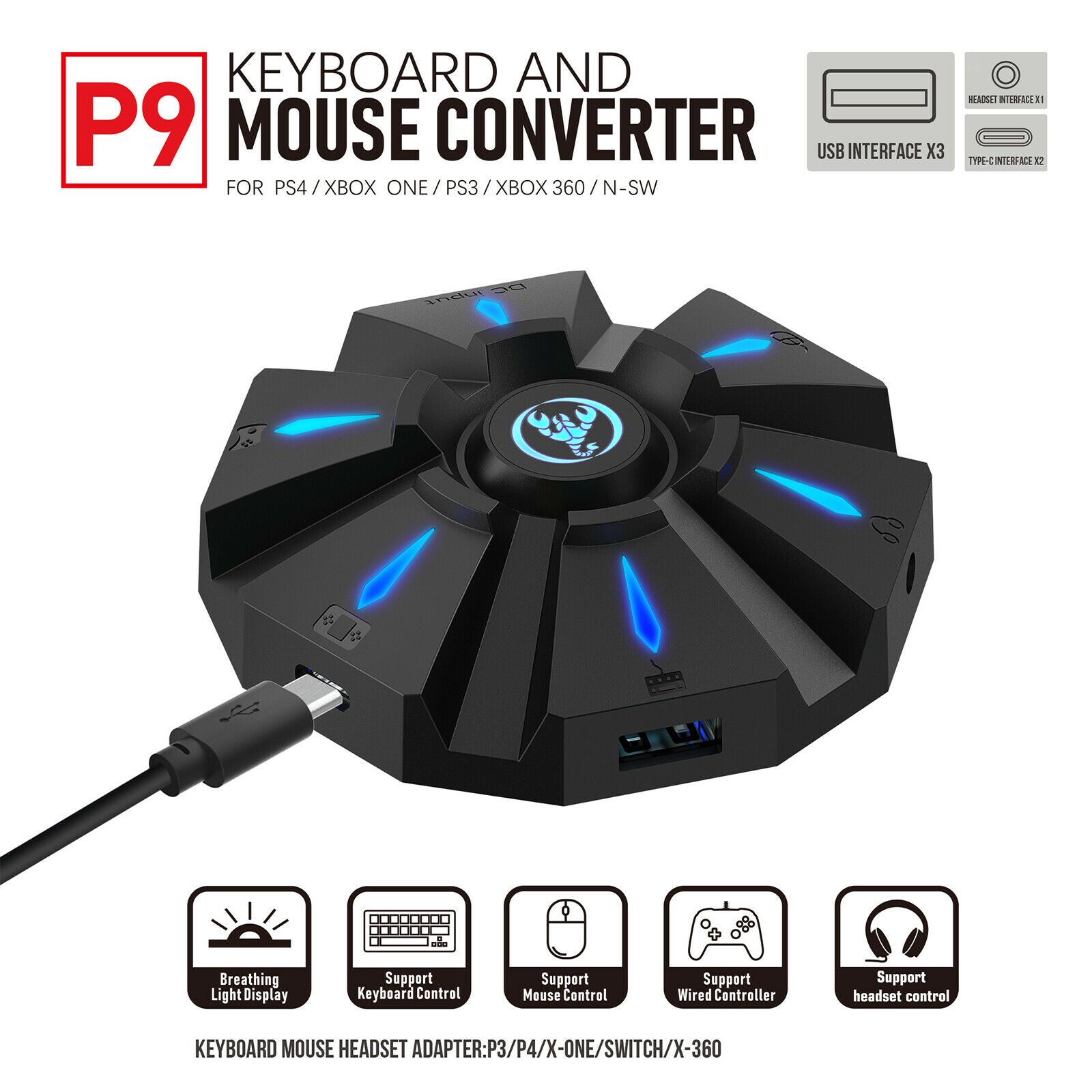 ABS USB Gaming Keyboard Mouse Console Adapter Support Headset Portable USB C