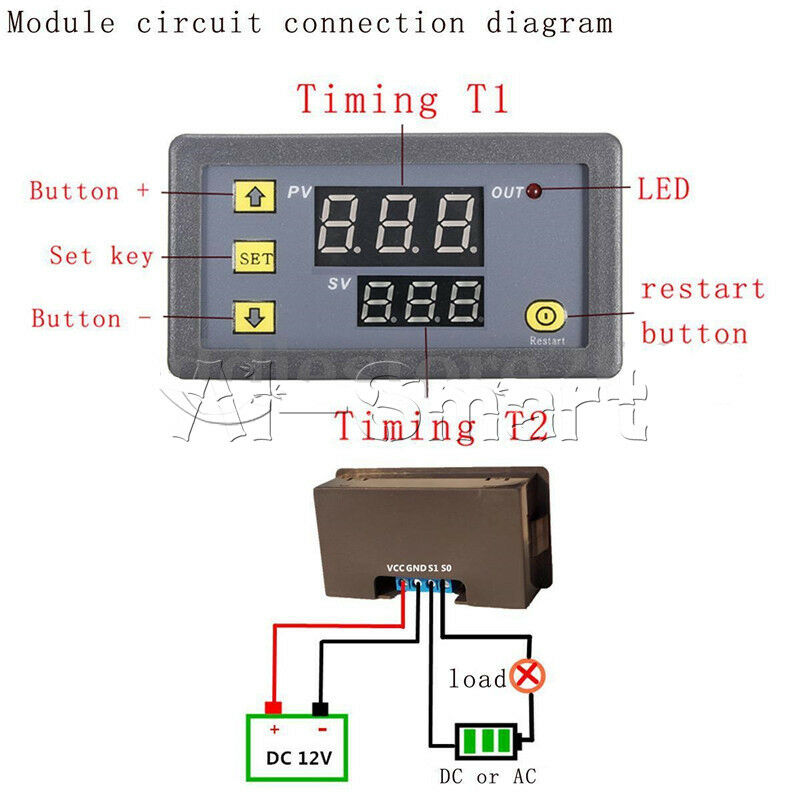 12V Cycle Timer Delay Dual Display Relay Module 0-999 hours/minutes/seconds