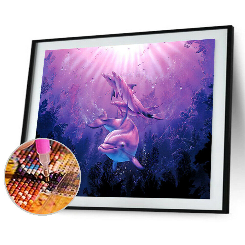 Three Purple Dolphins Diamond Painting Cross Stitch Needlework Mosaic Kit @
