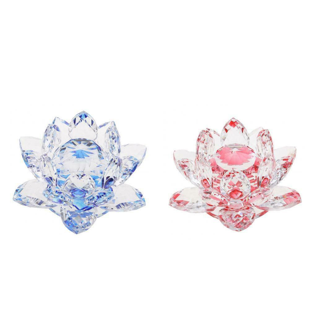 2pcs Crystal Lotus Flowers Crafts Buddhist Feng Shui Ornaments Red & Blue