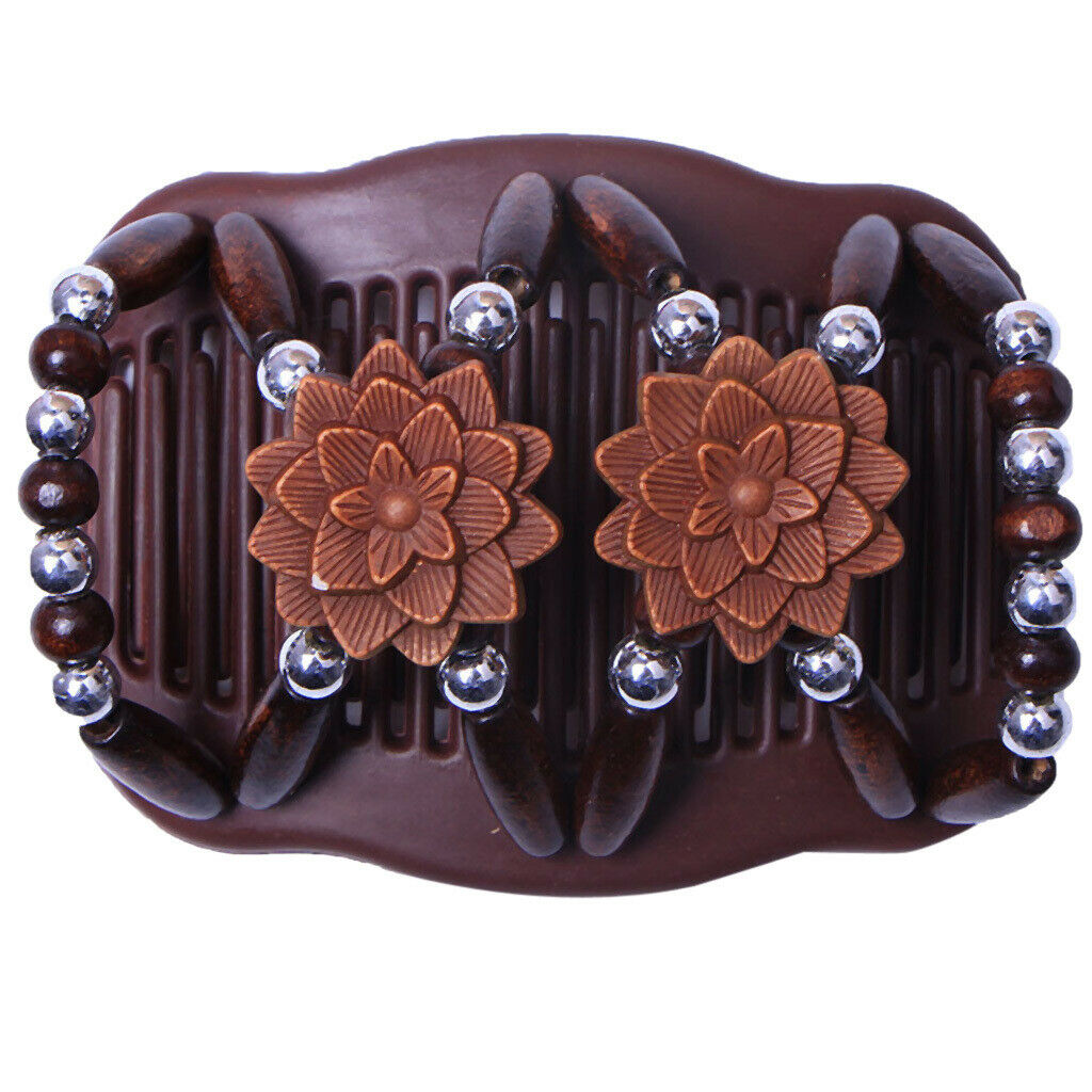 4x Wood Beads Double Hair Comb Ladies Hair Styling Slide Stretchy Clip
