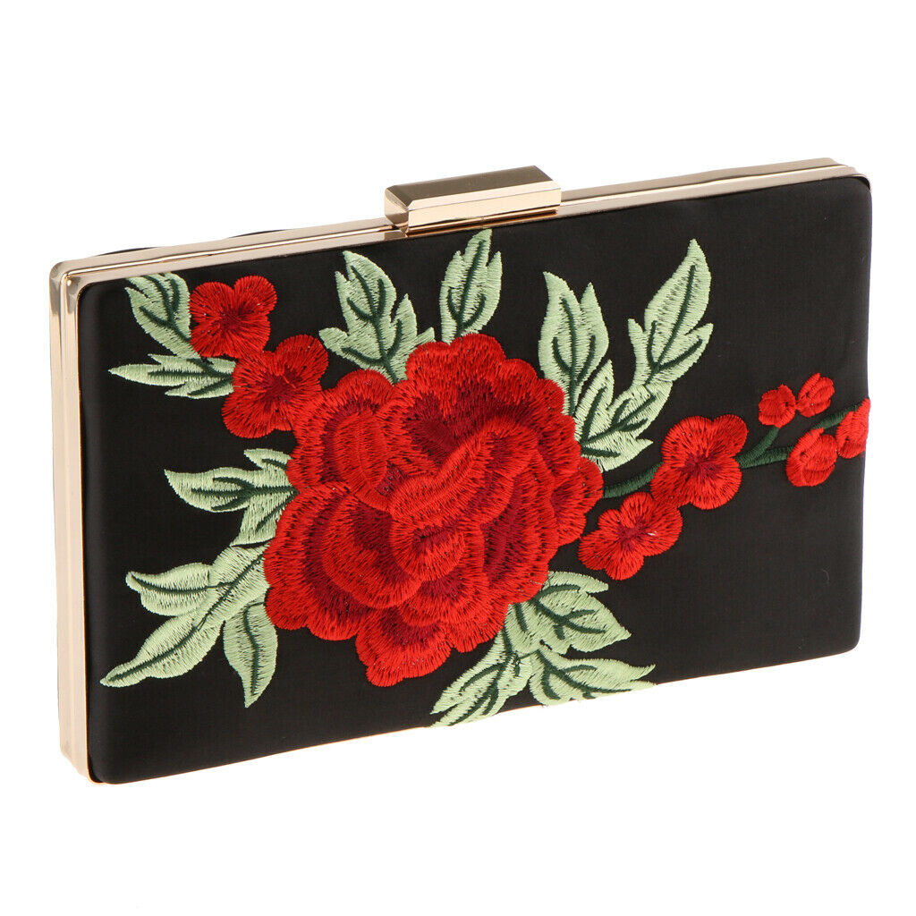Elegant Embroidered Rose Flower Shoulder Chain Bag Evening Prom Clutch Purse