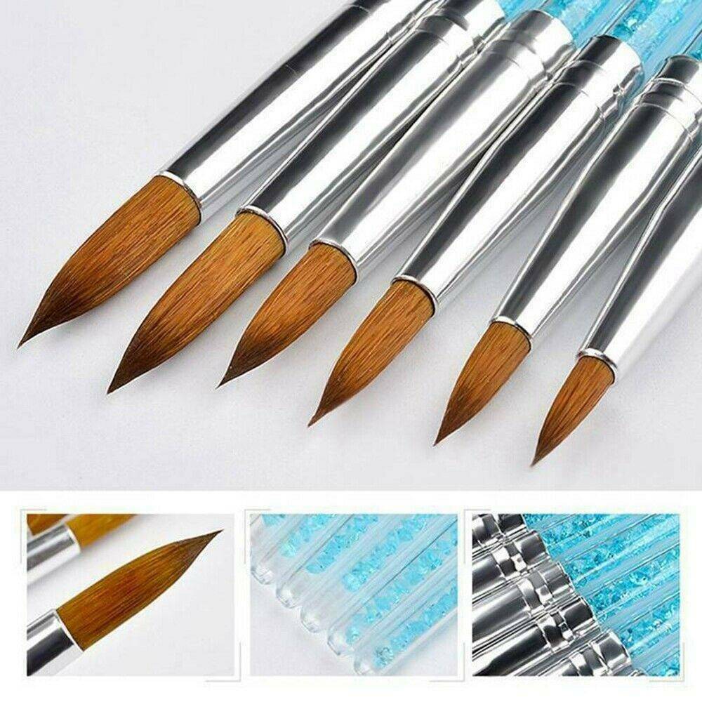 6Pcs Pure 100% Kolinsky Sable Acrylic Nail Brush Crimped Metal Round Handle Kit