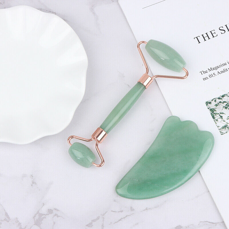 Natural Jade Massage Roller+Guasha Board SPA Scraper Stone Facial Massager SFCA