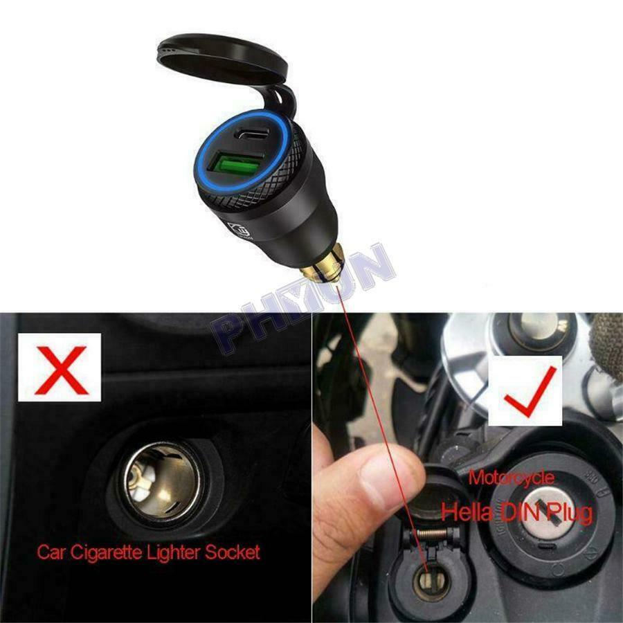 Motorcycle USB QC3.0 Type C Fast Charger Power Adapter For Hella/DIN BMW 12V-24V