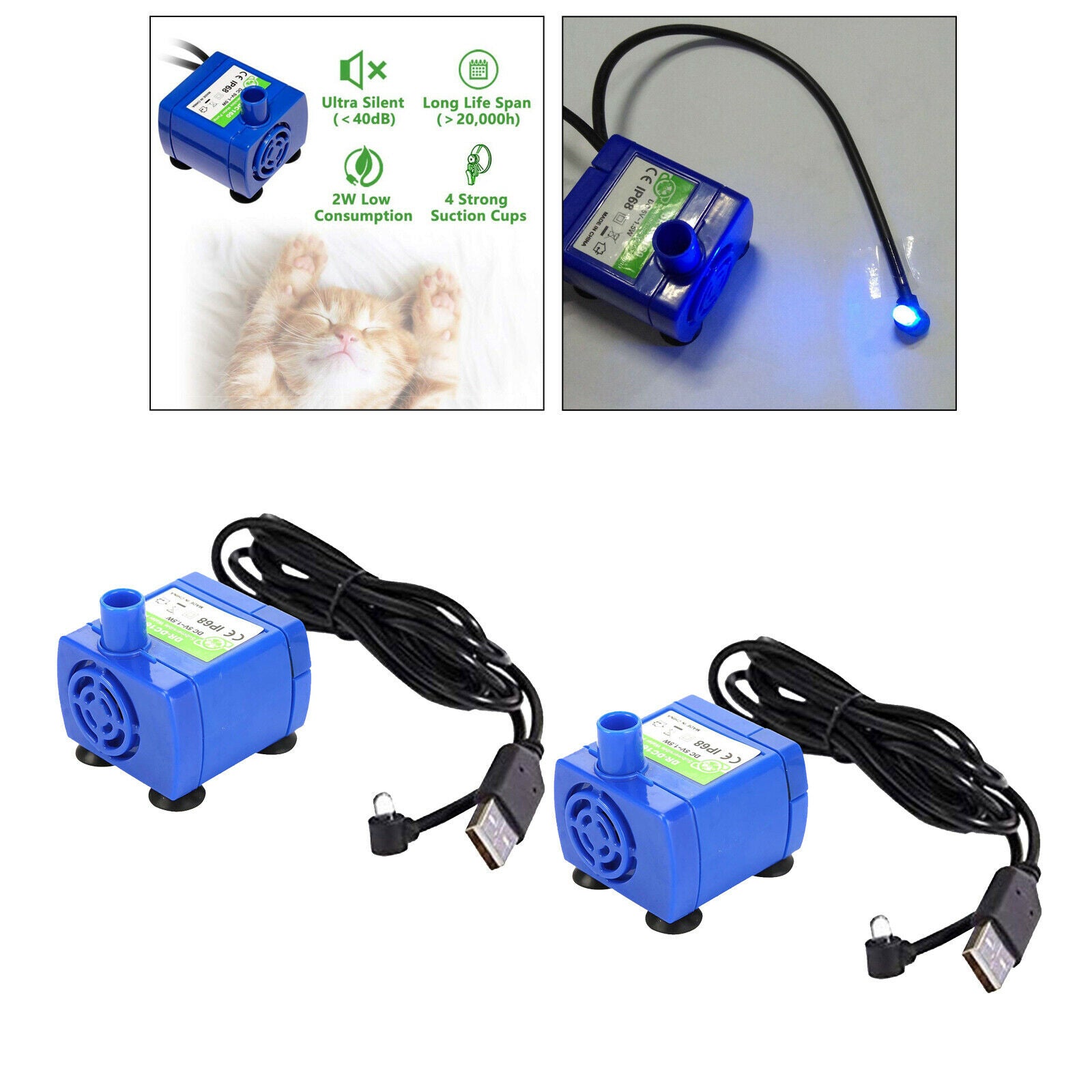 2Pcs 1.8M Cable Drinking Fountain Pump with LED Replacement for Cats Dogs