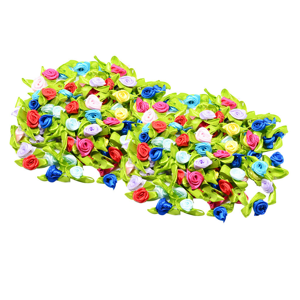 200pcs Satin Tiny Rose Bud Ribbon Decor Flowers Sewing Applique DIY Hairband