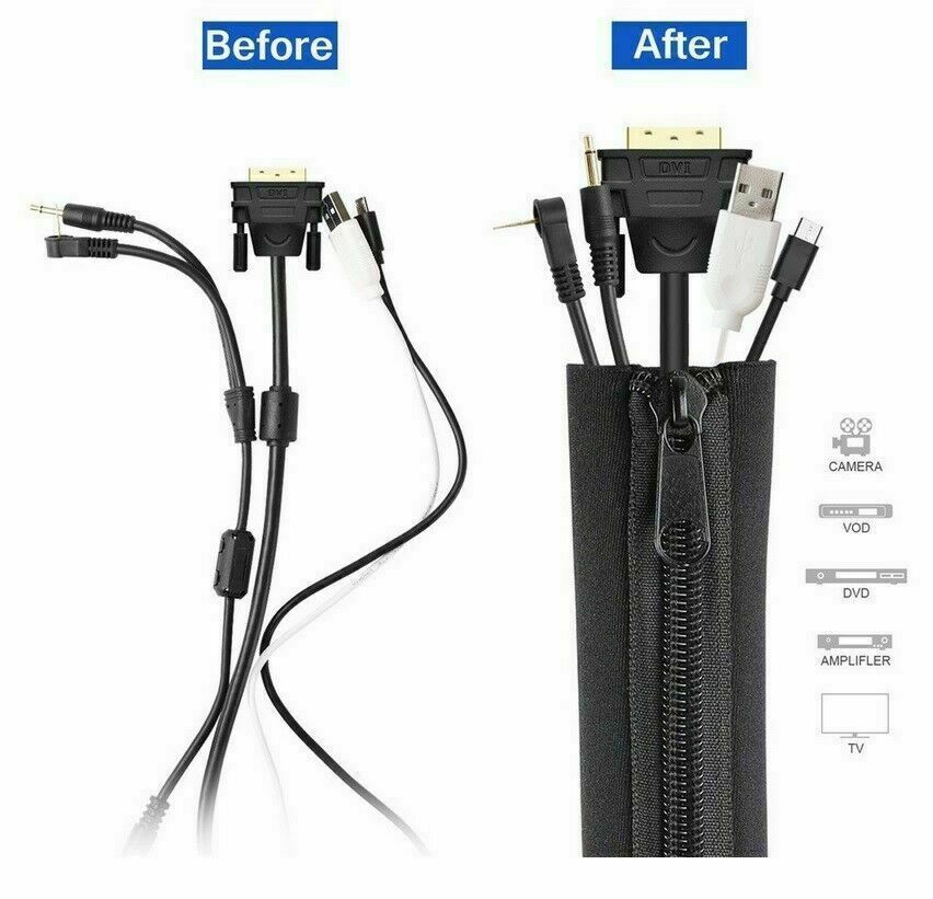 1X Neoprene Cable Zipper Management Sleeve Wrap Wire Hider Cover Organizer Black