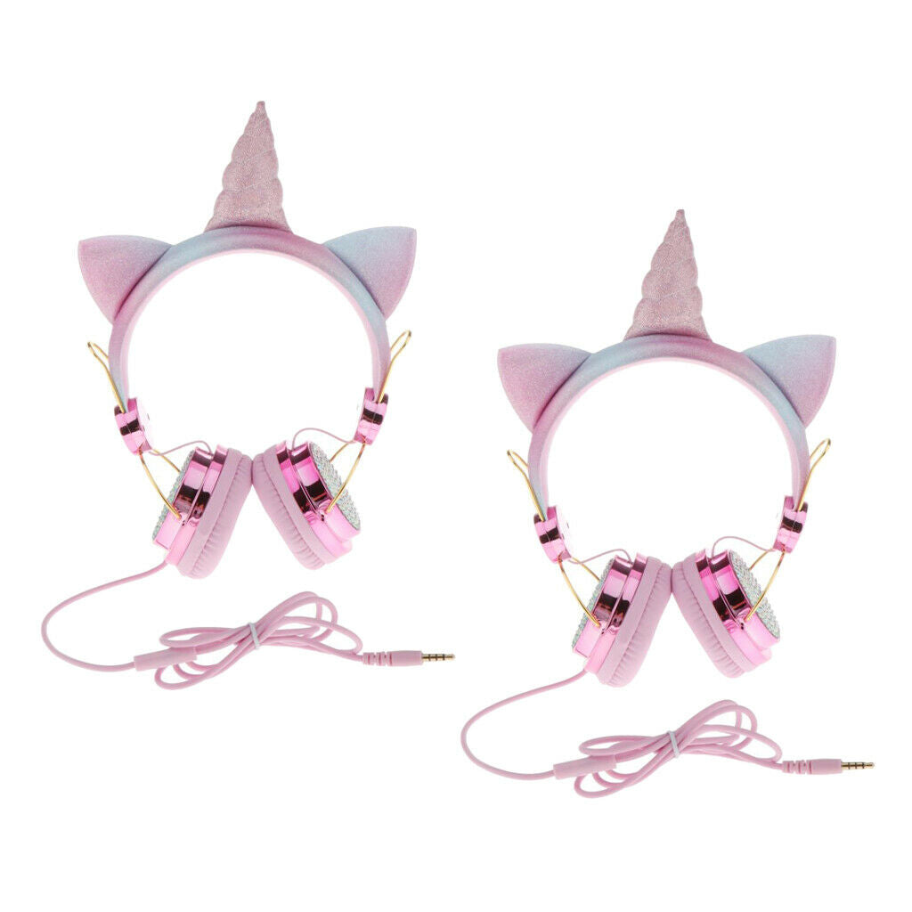2Pcs Unicorn Glitter Kids Wired Stereo On Ear Headphone for Girls Children