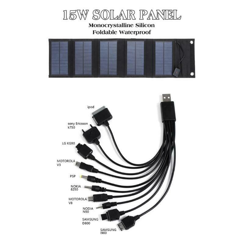 Foldable 15W Solar Panel 10 in 1 USB Solar Cell Waterproof Charger Power Bank